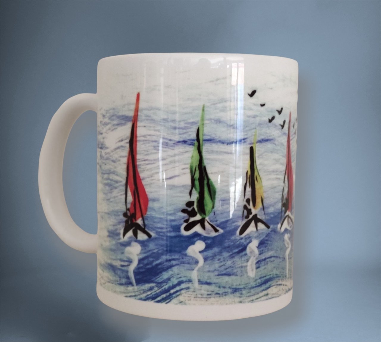 Yelken ve Kuş Desenli Kahve Kupası