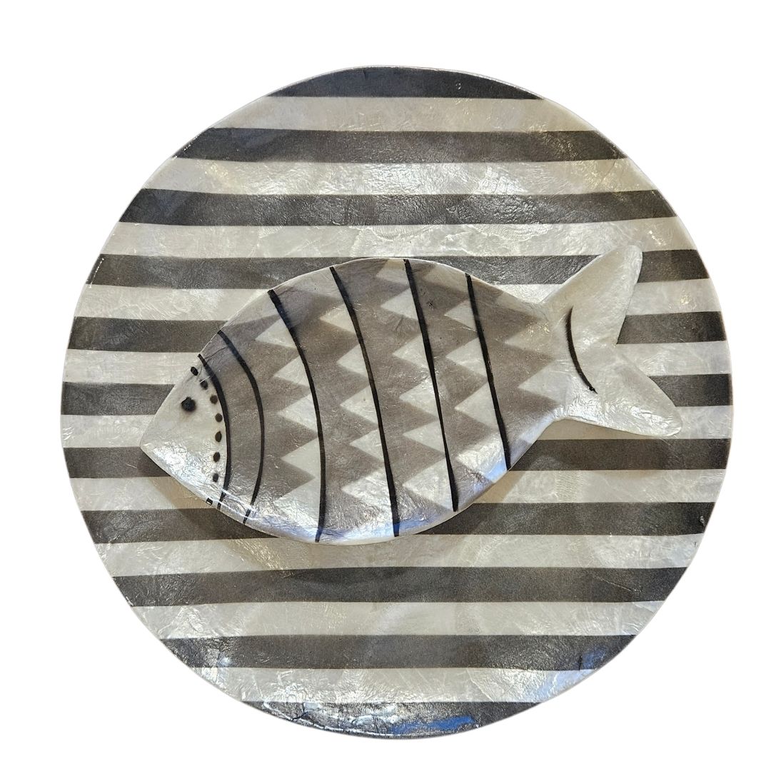 Balıklı ve çizgili ikili tabak seti